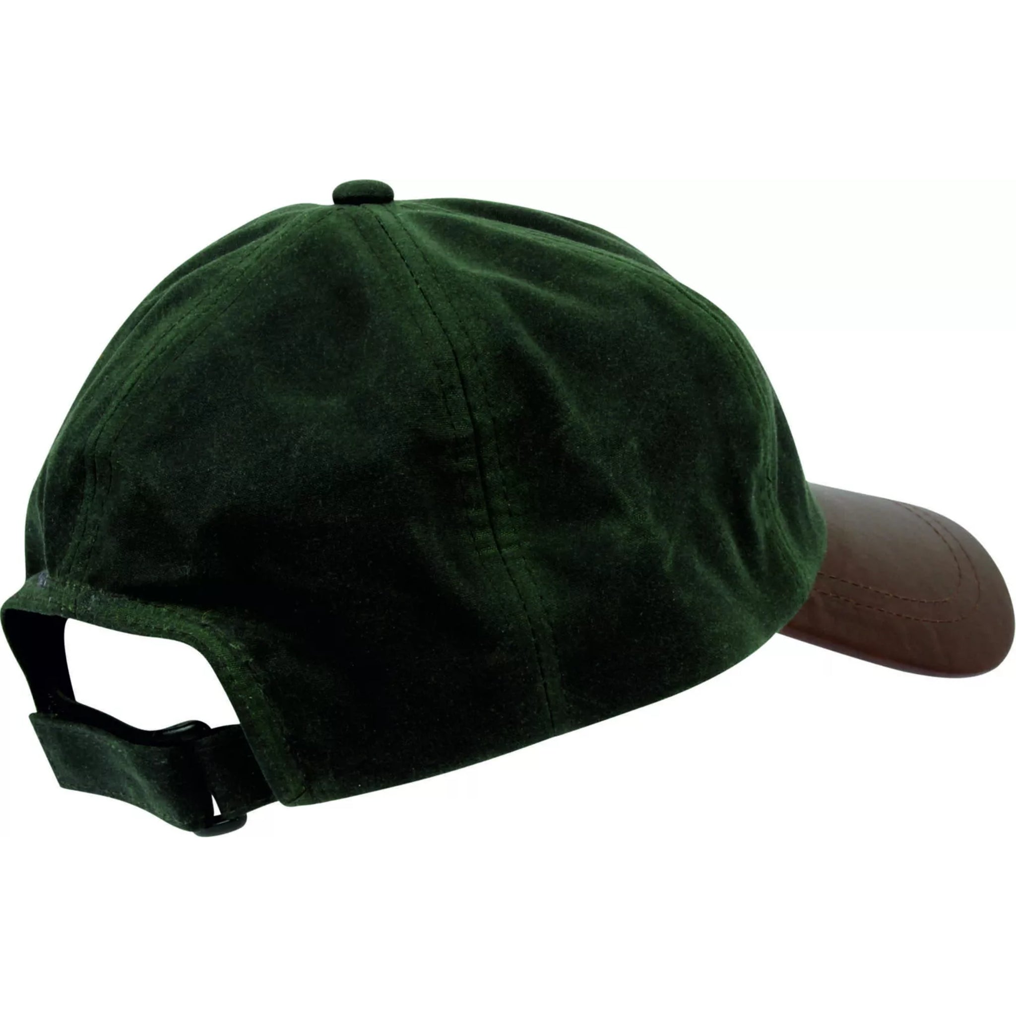 Men's wax baseball cap with brown leather peak, water-resistant outdoor hat in olive